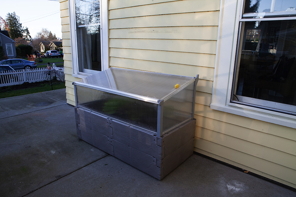 gray timber raised bed with cold frame against house