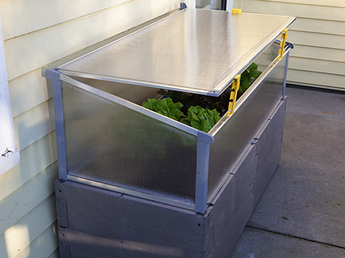 gray timber raised bed against house propped open