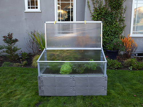 gray timber raised bed with cold frame