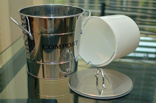 Polished silver compost bucket