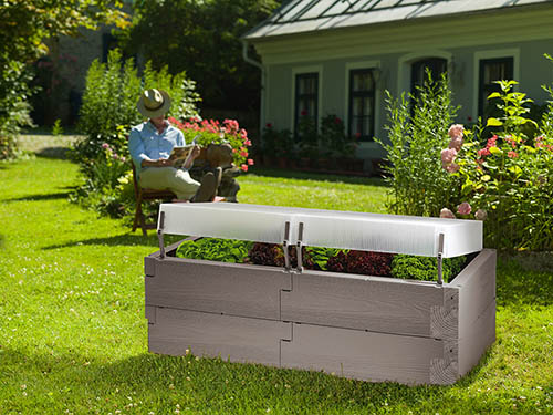 gray timber raised bed with covers
