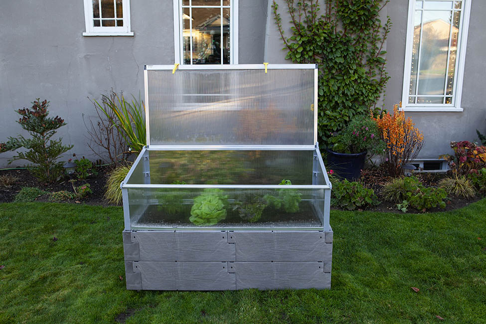 gray timber raised bed with cold frame