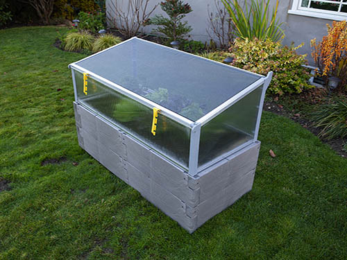 gray timber raised bed with cold frame 3/4 view